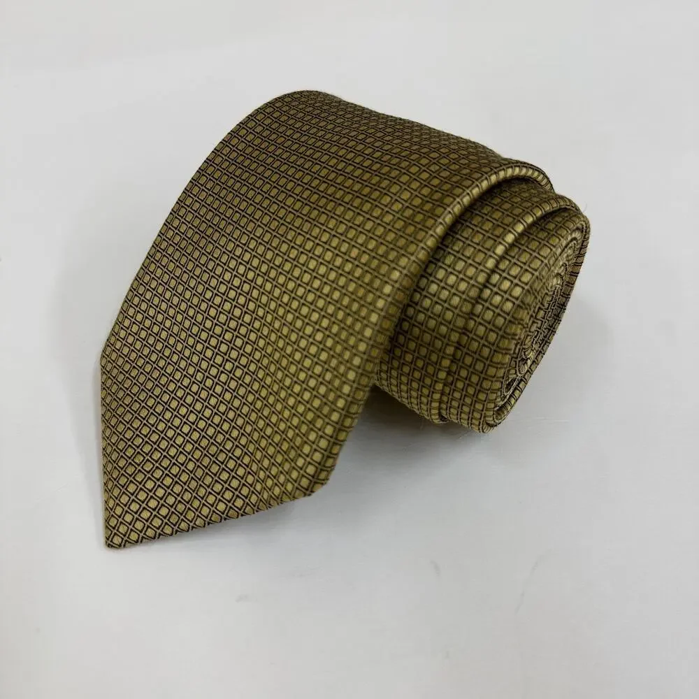 Robert Talbott Gold Olive Geometric Micro Check 100% Silk Tie Men's Burgundy Tip
